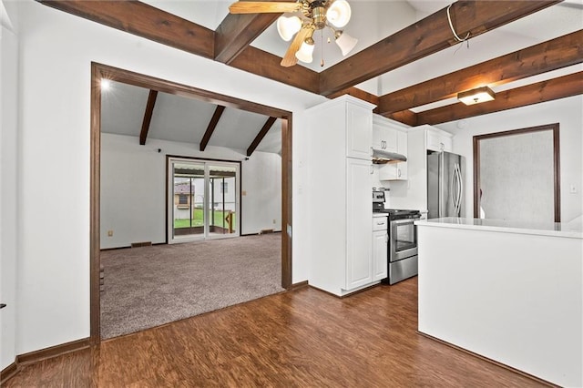 18104 E 24th St S, Independence, MO 64057 - kitchen featuring stainless steel appliances, under cabinet range hood, dark wood finished floors, ceiling fan, and white cabinetry