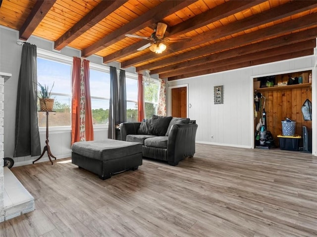 living area with wood ceiling, beamed ceiling, ceiling fan, wood finished floors, and baseboards