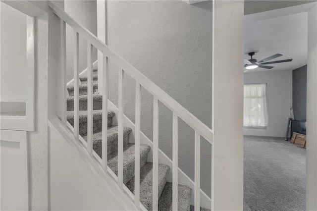 628 S Mulberry St, Ottawa, KS 66067 - staircase featuring a textured wall, ceiling fan, and carpet