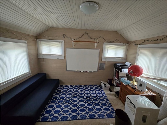 bonus room with wood walls, wood ceiling, lofted ceiling, and light carpet