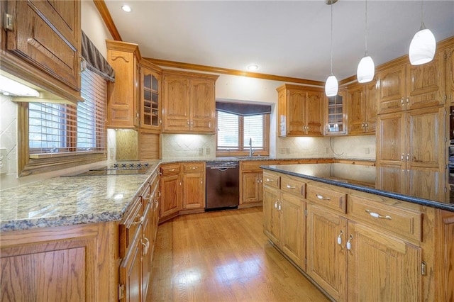 4411 N Mulberry Dr, Kansas City, MO 64116 - kitchen featuring light wood-style floors, brown cabinets, black electric cooktop, dishwashing machine, and dark stone counters