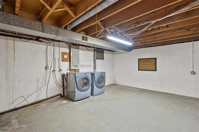 unfinished basement with visible vents, electric panel, and washer and clothes dryer
