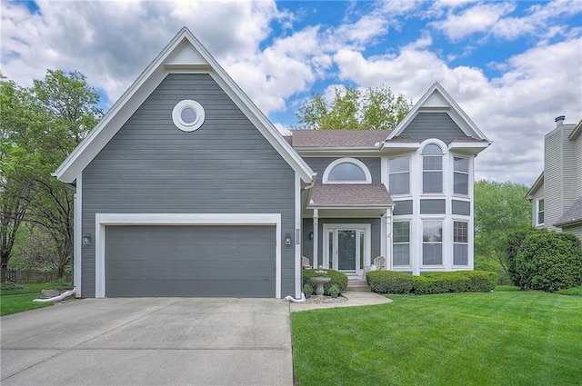 view of front of property featuring a garage, a shingled roof, concrete driveway, and a front lawn