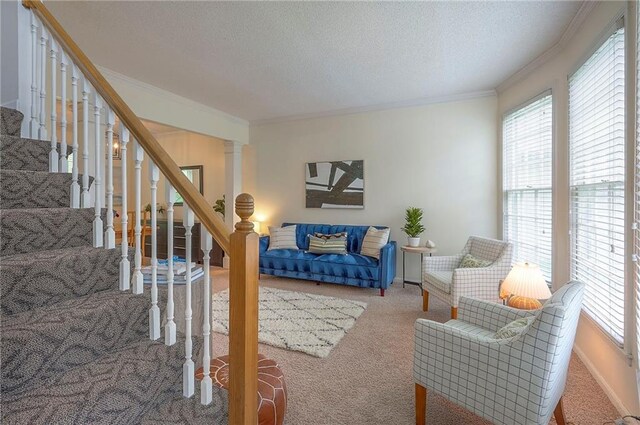 living area featuring carpet floors, ornamental molding, a wealth of natural light, and stairway