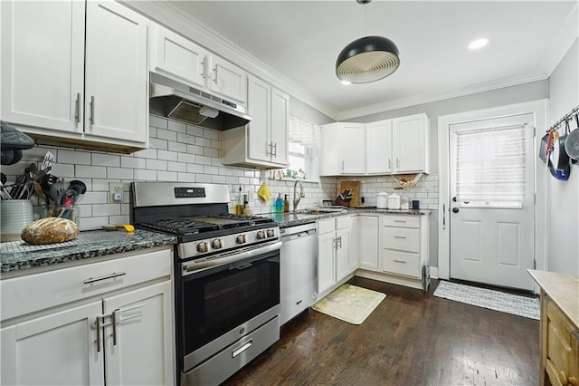 kitchen featuring crown molding, under cabinet range hood, a sink, dark stone countertops, and appliances with stainless steel finishes