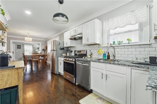kitchen featuring crown molding, a sink, white cabinets, under cabinet range hood, and stainless steel appliances