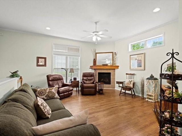 11179 S Summit St, Olathe, KS 66062 - living area featuring ornamental molding, a fireplace, ceiling fan, and a wealth of natural light