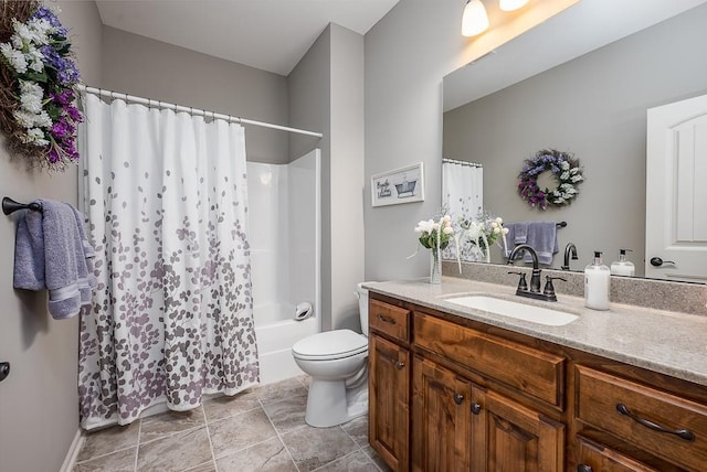 bathroom featuring toilet, shower / bath combo, and vanity