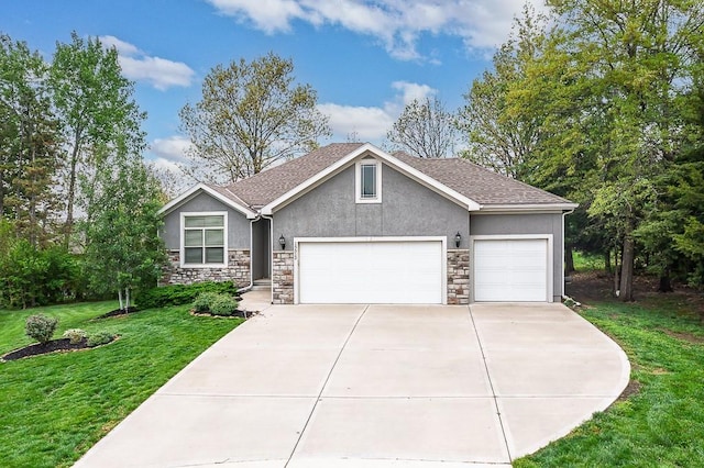 single story home with stone siding, a front yard, roof with shingles, stucco siding, and an attached garage