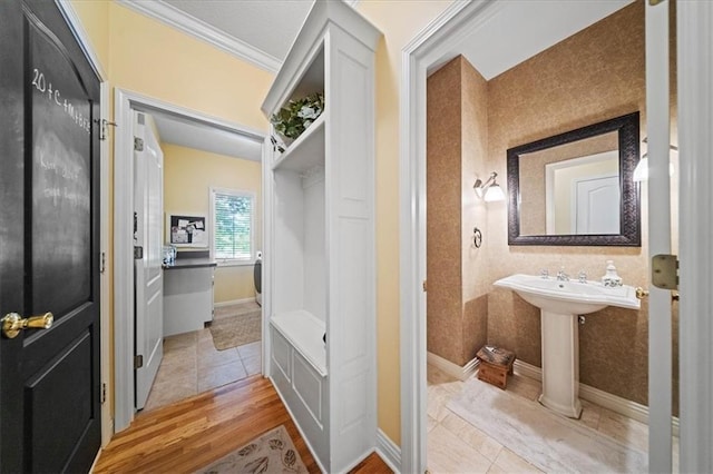 26266 W 110th Ter, Olathe, KS 66061 - bathroom featuring crown molding and wood finished floors