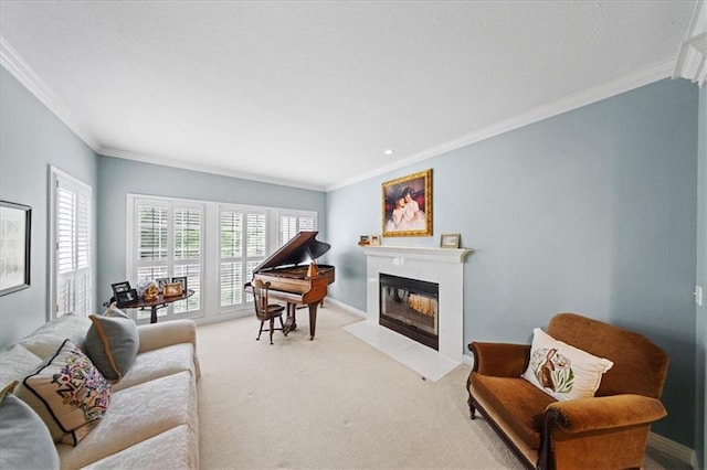 26266 W 110th Ter, Olathe, KS 66061 - living room featuring crown molding, a tiled fireplace, and light colored carpet