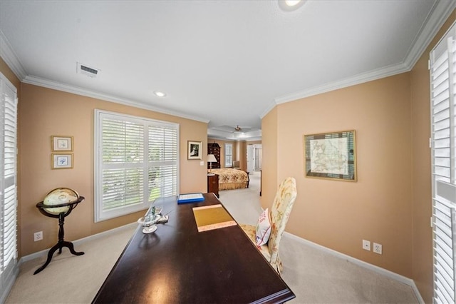 26266 W 110th Ter, Olathe, KS 66061 - office area featuring carpet flooring, ornamental molding, and recessed lighting