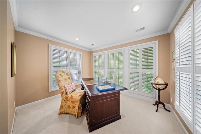 26266 W 110th Ter, Olathe, KS 66061 - office area featuring light carpet, ornamental molding, and recessed lighting