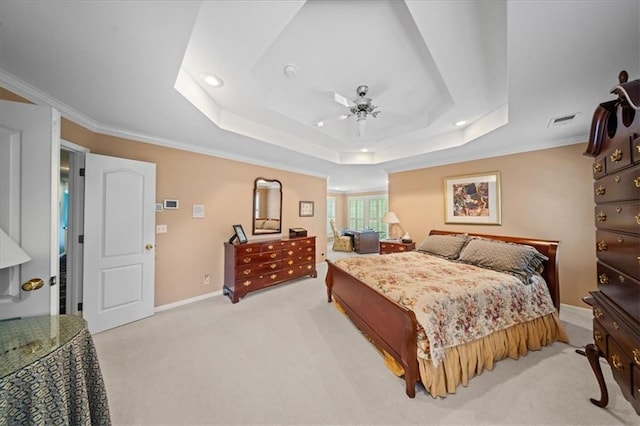 26266 W 110th Ter, Olathe, KS 66061 - bedroom featuring a raised ceiling, light colored carpet, ornamental molding, recessed lighting, and a ceiling fan
