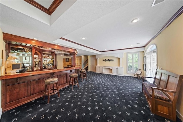 26266 W 110th Ter, Olathe, KS 66061 - indoor dry bar with ornamental molding, carpet flooring, recessed lighting, and a raised ceiling