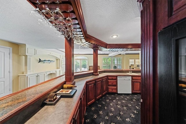 26266 W 110th Ter, Olathe, KS 66061 - bar with white dishwasher, a textured ceiling, dark carpet, and ornate columns