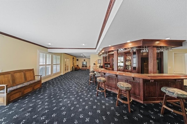 26266 W 110th Ter, Olathe, KS 66061 - indoor dry bar featuring carpet flooring, crown molding, and recessed lighting