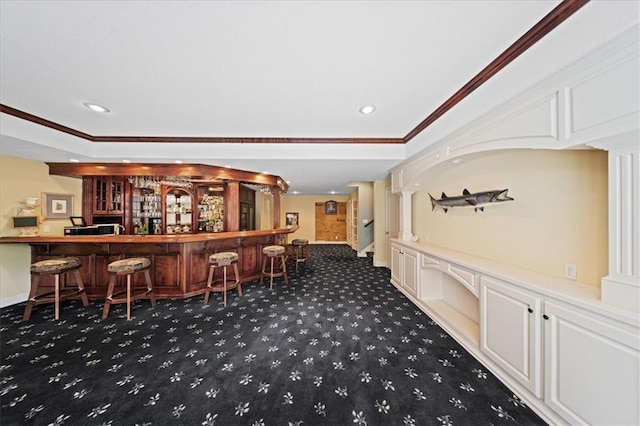 26266 W 110th Ter, Olathe, KS 66061 - indoor dry bar with carpet, crown molding, and recessed lighting