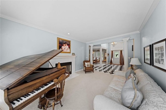 26266 W 110th Ter, Olathe, KS 66061 - living room with decorative columns, carpet, ornamental molding, a chandelier, and a tile fireplace