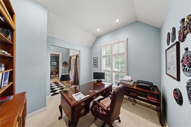 26266 W 110th Ter, Olathe, KS 66061 - home office featuring vaulted ceiling, light carpet, and recessed lighting