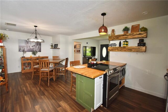 5233 N Garfield Ave, Kansas City, MO 64118 - kitchen with appliances with stainless steel finishes, wooden counters, baseboards, dark wood-style floors, and decorative light fixtures