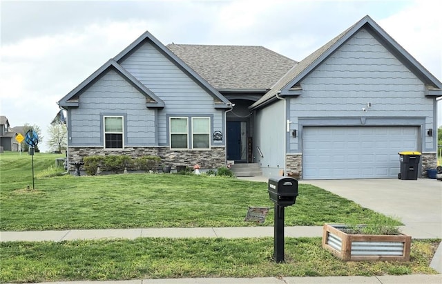 view of front of home featuring an attached garage, a front lawn, stone siding, entry steps, and driveway