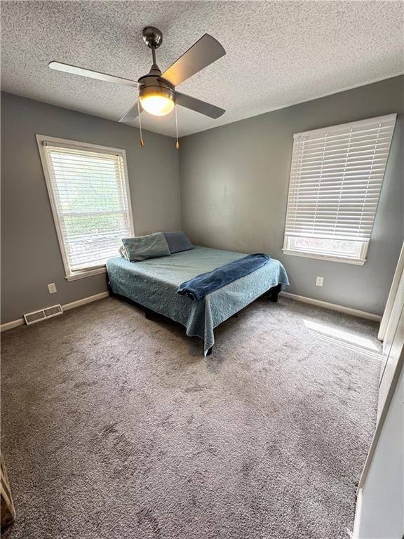 4024 NE 59th Ter, Gladstone, MO 64119 - carpeted bedroom with baseboards, ceiling fan, a textured ceiling, and visible vents