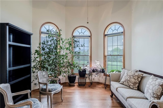 sitting room with baseboards, plenty of natural light, wood finished floors, and a high ceiling