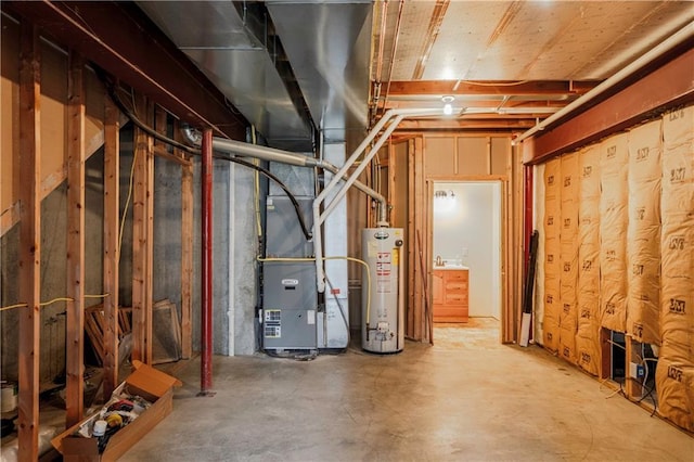 unfinished below grade area with heating unit and gas water heater