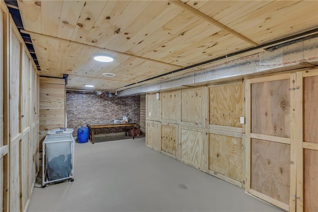 below grade area featuring wood ceiling and wooden walls