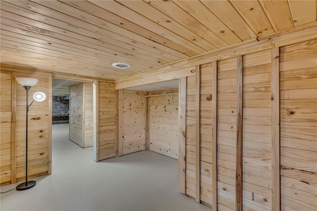 basement featuring wooden walls and wooden ceiling
