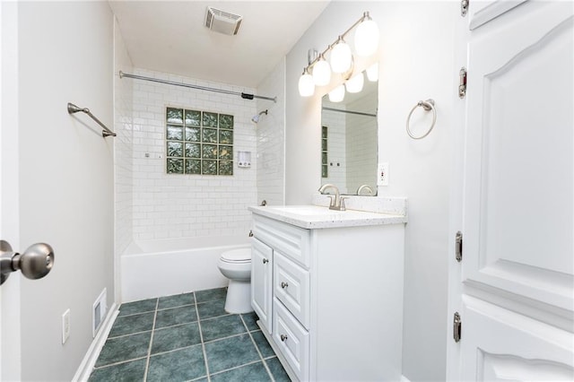 bathroom featuring tile patterned flooring, vanity, toilet, shower / washtub combination, and visible vents
