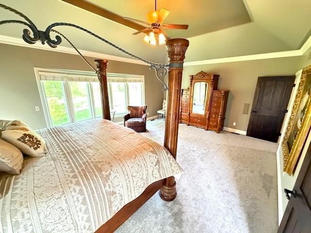 bedroom with carpet floors, ornamental molding, a ceiling fan, and a raised ceiling