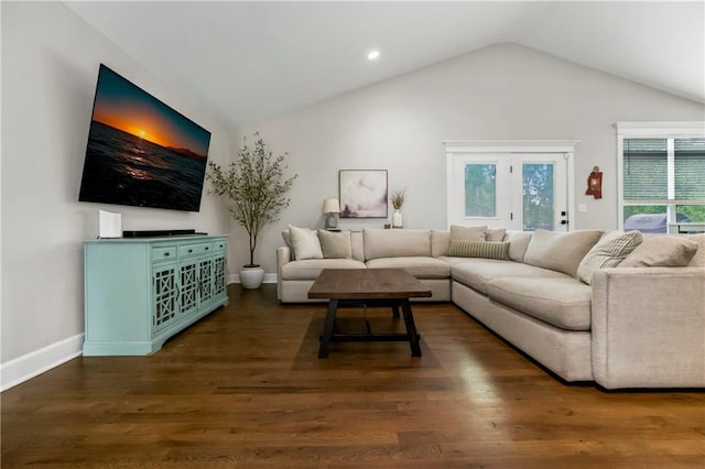 living room featuring recessed lighting, baseboards, wood finished floors, and lofted ceiling