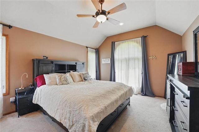 22721 E 27th Street Ct S, Blue Springs, MO 64015 - bedroom with light carpet, vaulted ceiling, ceiling fan, and access to outside