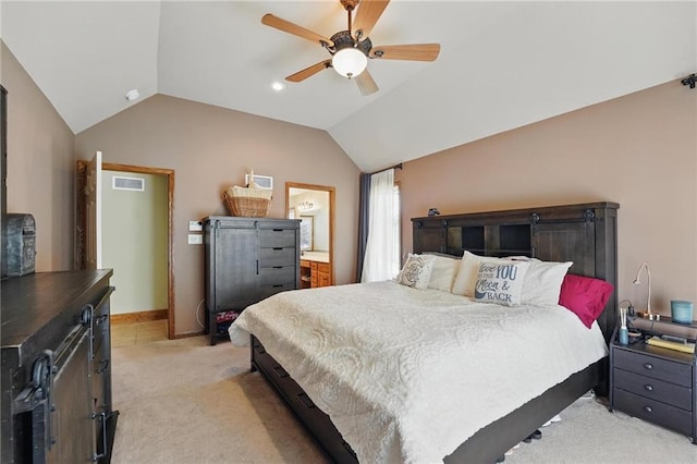 22721 E 27th Street Ct S, Blue Springs, MO 64015 - bedroom featuring light carpet, lofted ceiling, ceiling fan, and recessed lighting