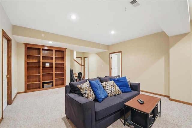 22721 E 27th Street Ct S, Blue Springs, MO 64015 - carpeted living room with stairs, baseboards, and recessed lighting