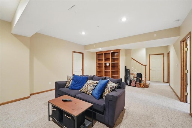 22721 E 27th Street Ct S, Blue Springs, MO 64015 - carpeted living area with recessed lighting, stairs, baseboards, and built in shelves