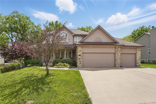 22721 E 27th Street Ct S, Blue Springs, MO 64015 - traditional home featuring a garage, a front lawn, concrete driveway, and roof with shingles