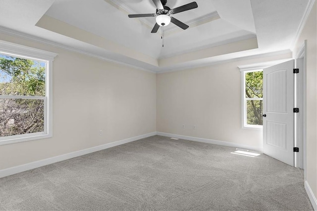 carpeted spare room with crown molding, baseboards, ceiling fan, and a tray ceiling