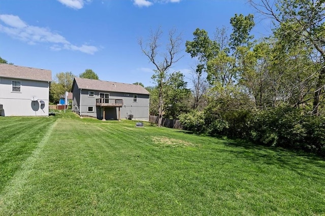 view of yard featuring fence and a wooden deck