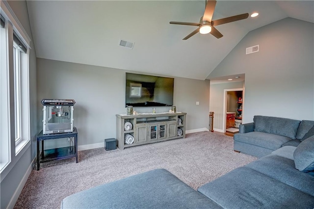 18 Black Hawk Dr, Lake Winnebago, MO 64034 - carpeted living room featuring a ceiling fan, plenty of natural light, baseboards, recessed lighting, and high vaulted ceiling