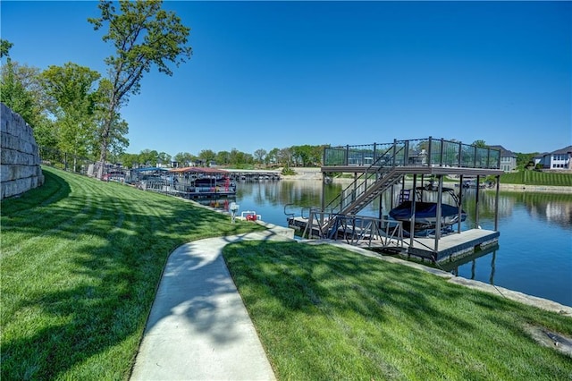 18 Black Hawk Dr, Lake Winnebago, MO 64034 - dock area with a water view, a lawn, and boat lift