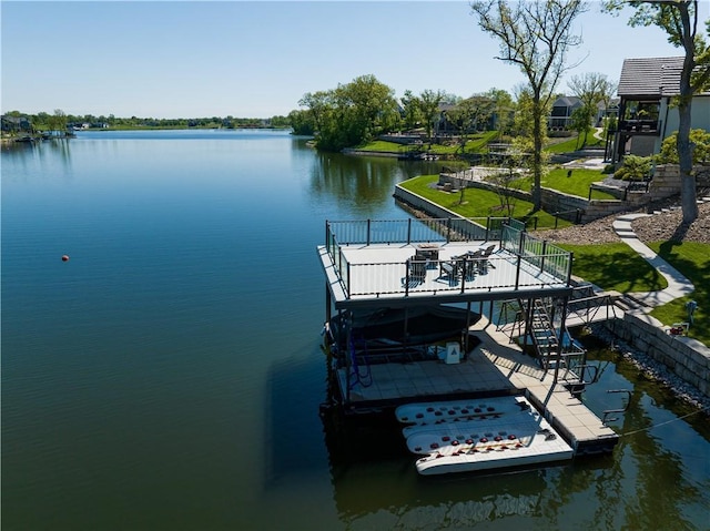 18 Black Hawk Dr, Lake Winnebago, MO 64034 - dock featuring stairs, a deck with water view, and boat lift