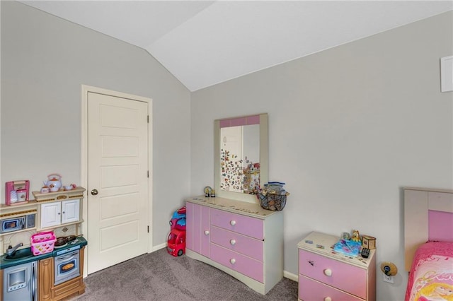 rec room featuring carpet floors, baseboards, and vaulted ceiling