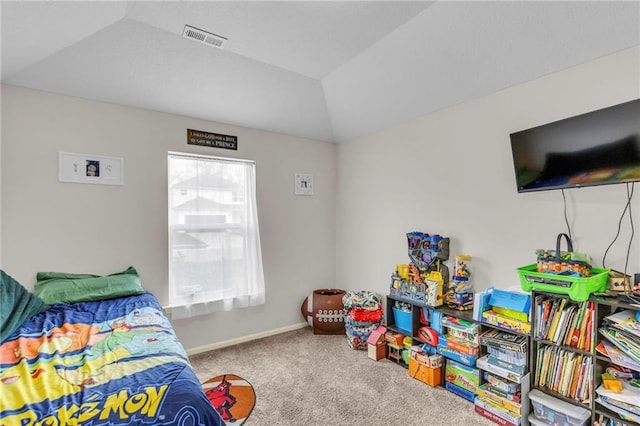 bedroom with visible vents, baseboards, carpet floors, and lofted ceiling