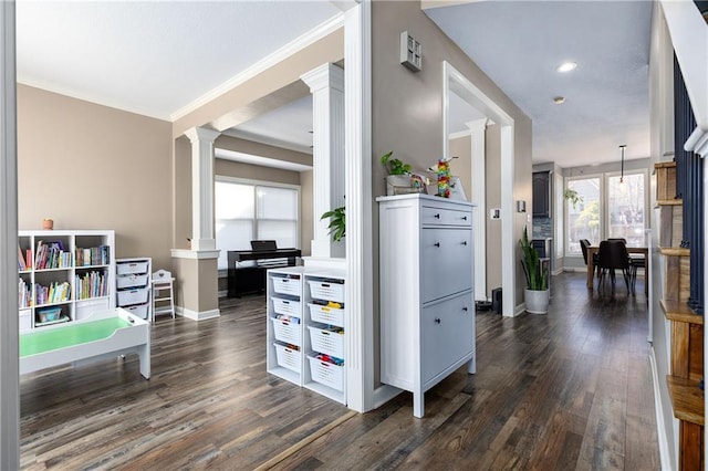 4200 Grand Ave, Leavenworth, KS 66048 - hall featuring recessed lighting, decorative columns, baseboards, and dark wood finished floors