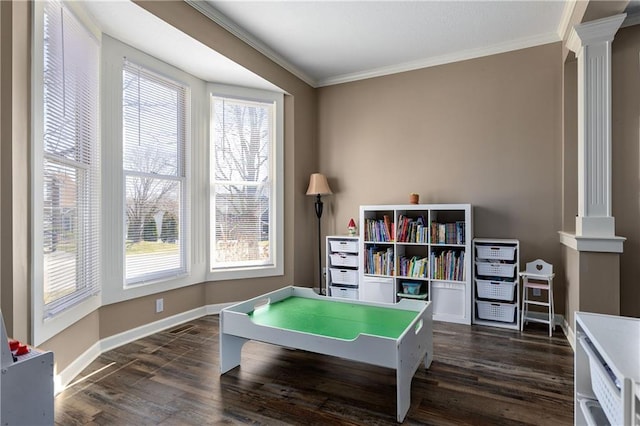 4200 Grand Ave, Leavenworth, KS 66048 - game room featuring baseboards, ornamental molding, decorative columns, and dark wood-style floors