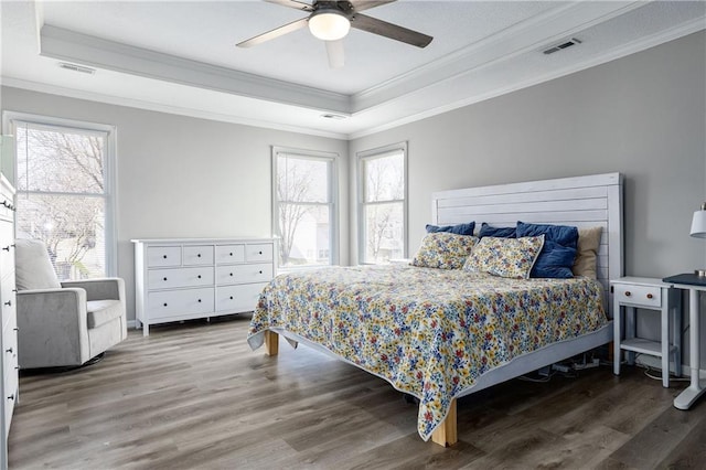 4200 Grand Ave, Leavenworth, KS 66048 - bedroom with crown molding, visible vents, multiple windows, and a raised ceiling