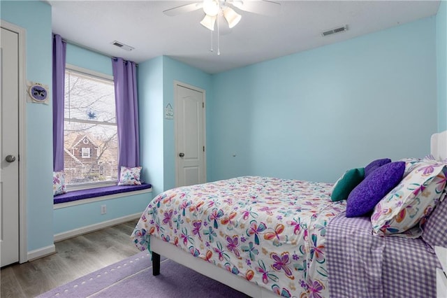 4200 Grand Ave, Leavenworth, KS 66048 - bedroom with baseboards, ceiling fan, wood finished floors, and visible vents